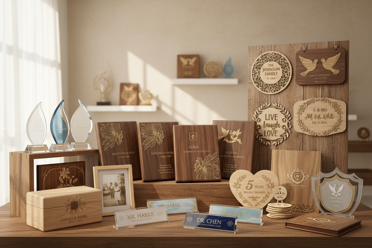 laser cutting, wood acrylic, plaques, gifts etc